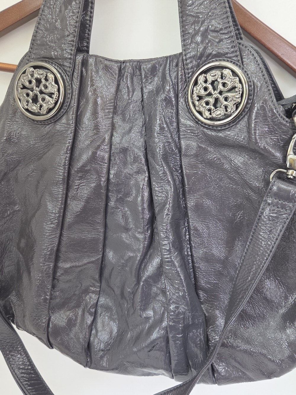 Genuine Patent Pleated Gray Leather Hobo Bag with Decorative Medallions